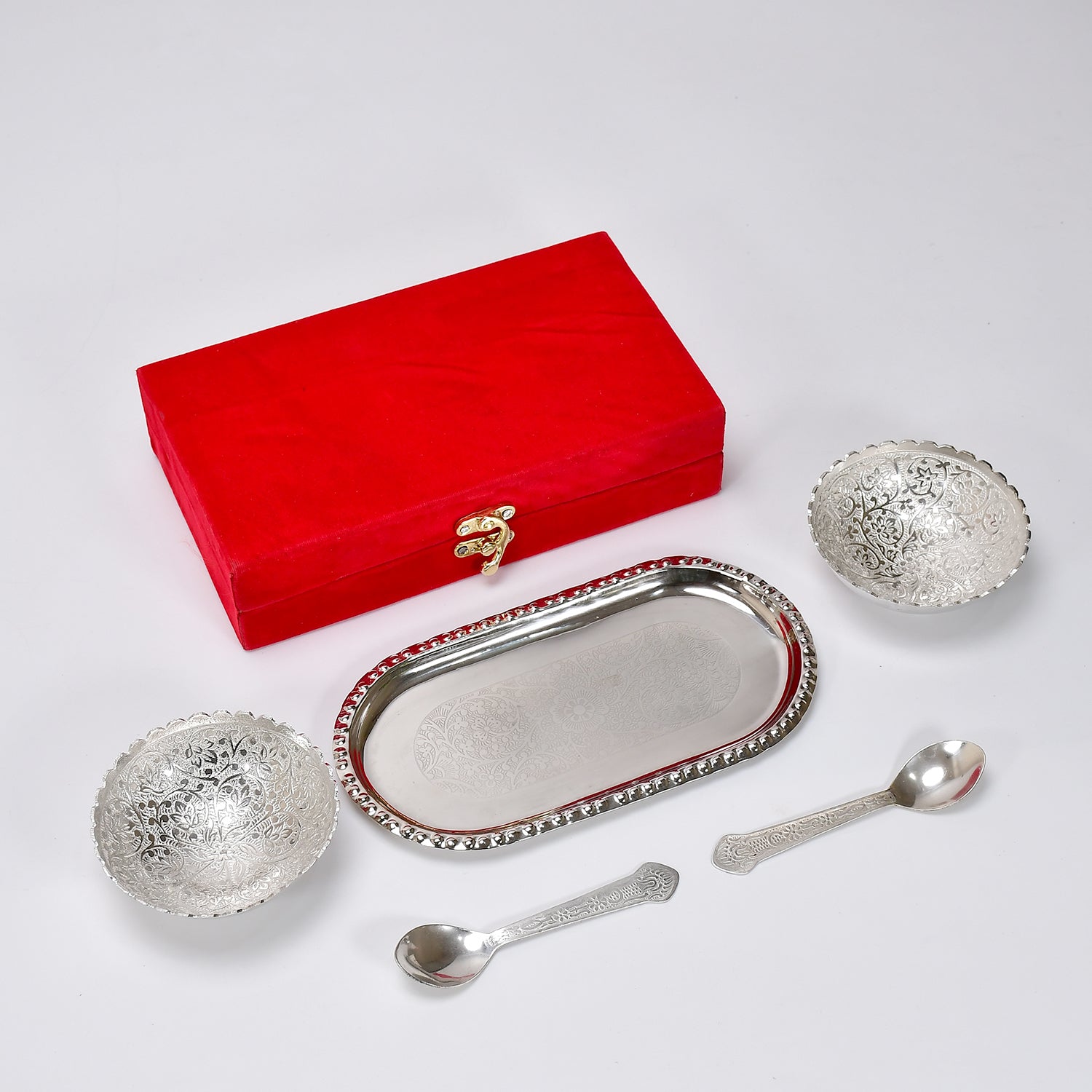 2_dcd63450-36cd-41a6-a3e6-ee37dc512a30.jpg Silver-Plated Brass Bowl & Spoon Set with Velvet Gift Box - Image 1