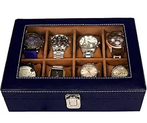 51ZBGiQu71L._SX300_SY300_QL70_FMwebp_.webp Presents Luxury Watch Box for Men & Women ?Lockable Leather Watch Organizer with Glass Lid, Soft Velvet Cushions, Premium Display & Storage Case for Watches -12 Slot Box (Blue) - Image 1
