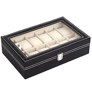 41DdO3Y9wL._SY300_SX300_QL70_FMwebp_.webp Presents Luxury Watch Box for Men & Women ?Lockable Leather Watch Organizer with Glass Lid, Soft Velvet Cushions, Premium Display & Storage Case for Watches -12 Slot Box (Black) - Image 1