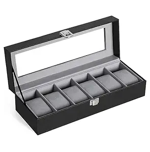 41mnf09p9VL._SY300_SX300_QL70_FMwebp_.webp Presents Luxury Watch Box for Men & Women ?Lockable Leather Watch Organizer with Glass Lid, Soft Velvet Cushions, Premium Display & Storage Case for Watches -6 Slot Box (Black) - Image 1